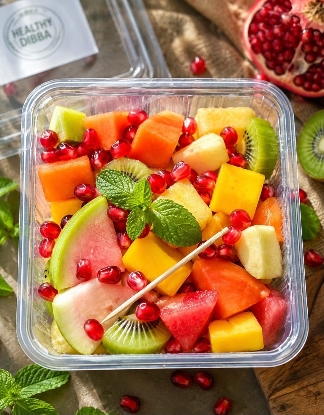 Fresh fruit box with watermelon, papaya, pineapple, kiwi and pomegranate